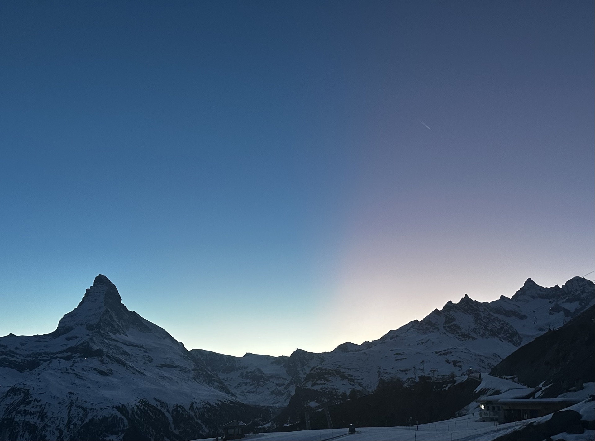 The Matterhorn at dawn beneath a fading twilight sky